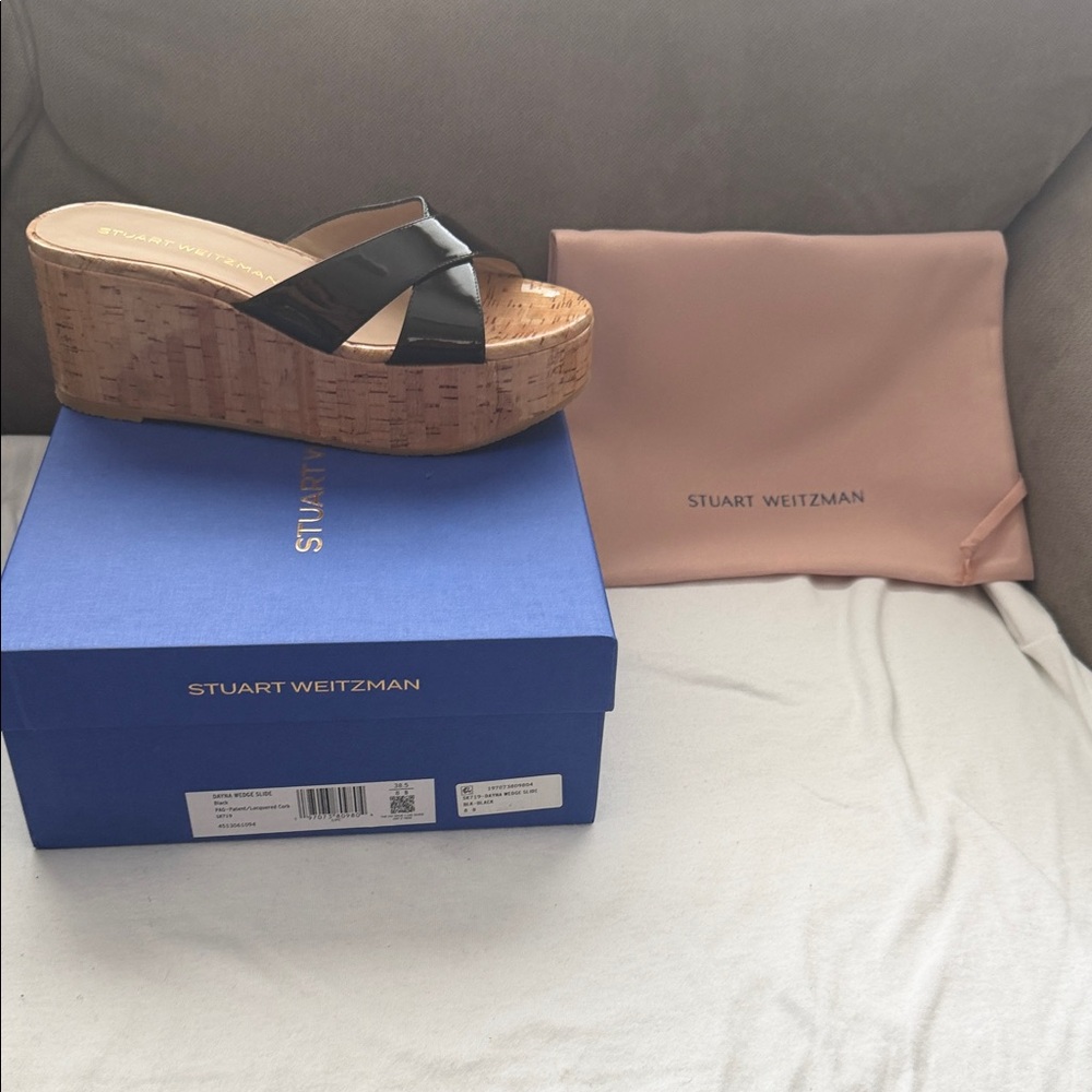 Stuart Weitzman Black and Tan Wedge Sandals